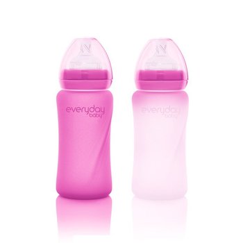 Everyday Baby, Szklana butelka ze smoczkiem M reagująca na temperaturę, Wiśniowa, 240 ml - Everyday Baby