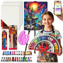 FARBY KOMPLET MALARSKI XXL ZESTAW DO MALOWANIA Artystyczny | Farby, Pędzle, Paleta, Płótna i Sztaluga PREZENT DLA CÓRKI SYNA DZIECI + EBOOK