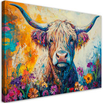 Feeby Obraz na płótnie, FEEBY Kolorowa Szkocka Krowa, Kwiaty 90x60