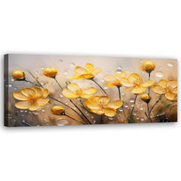 Feeby Obraz na płótnie, FEEBY Zólte Kwiaty Rośliny Krople Rosy 90x30