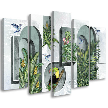 Feeby Obraz pięcioczęściowy na płótnie, FEEBY Kształty w ścianie z roślinami i ptakami tukan koliber 150x100 - Feeby
