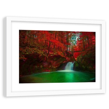 Feeby, Obraz w ramie białej, Wodospad i jesienne drzewa, 90x60 cm - Feeby