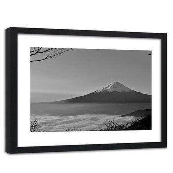 Feeby, Obraz w ramie czarnej, Góra fuji 2 czarno biały, 60x40 cm - Feeby