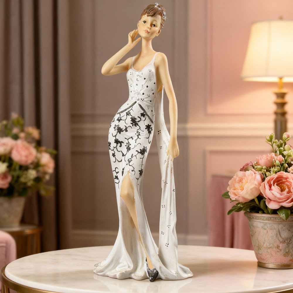 Figurka ozdobna, Dama w białej sukni z trenem glamour art deco