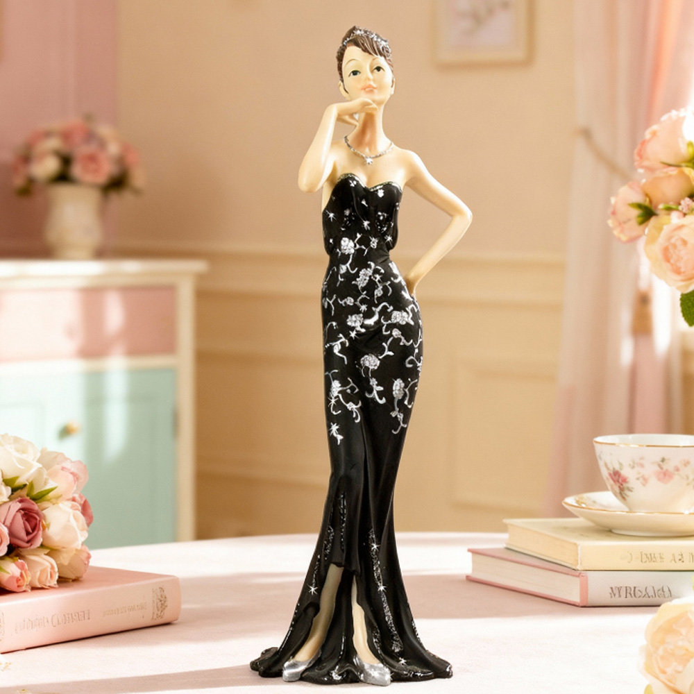 Figurka ozdobna, Dama z kolią w czarnej sukni glamour art deco