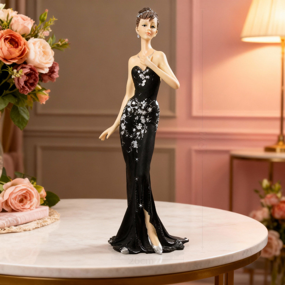 Figurka ozdobna, Dama z kolią w czarnej sukni glamour art deco