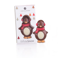 Figurka pingwina z belgijskiej białej czekolady w kartoniku z okienkiem pingwin na święta prezent Boże Narodzenie