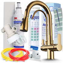 Filtr Do Wody Pitnej System Filtrujący Wodę Wymienny Wkład Pod Zlew ECO Uzdatniacz Podzlewozmywakowy ZESTAW Mikrofiltracja 3M z Bateria Kuchenna Złota Trójdrożna Elastyczną Wyciąganą Wylewką Kran