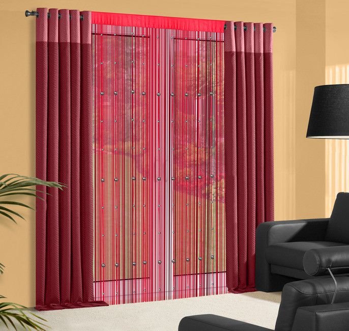 Firana EUROFIRANY spagetti z koralikami, czerwona, 140x250 cm