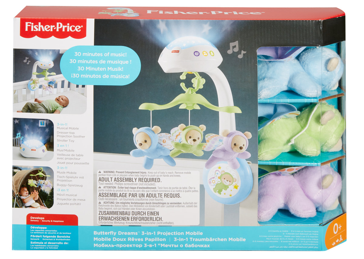 Fisher-Price, Karuzela z misiami 3 w 1 do łóżeczka, Światełka i dźwięki, Interaktywna zabawka, dla noworodków i niemowląt 0+ CDN41
