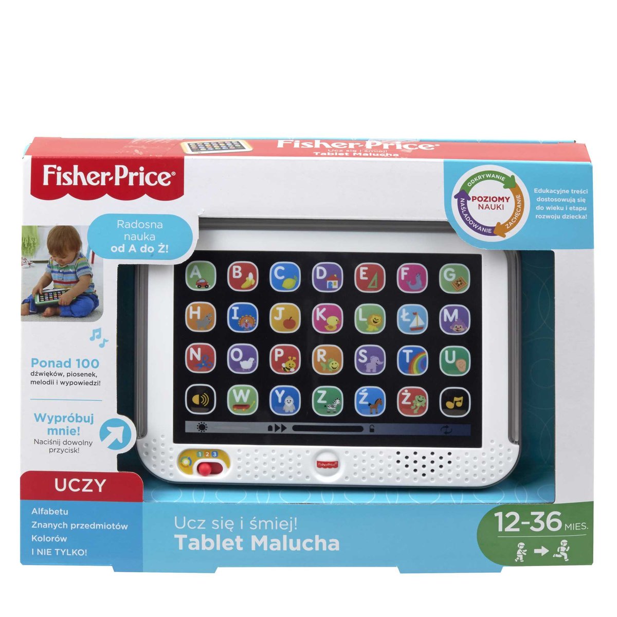 Fisher-Price „Ucz się i śmiej!”, Tablet Malucha Poziomy Nauki, Edukacyjna zabawka interaktywna, Polska wersja językowa, dla dzieci 1+ DHN29