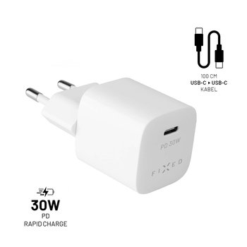 FIXED Zestaw mini ładowarki sieciowej z wyjściem USB-C i kablem USB-C/USB-C, obsługa PD, 1 metr, 30W, biały - FIXED