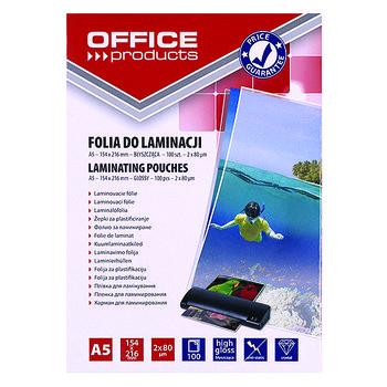 FOLIA DO LAMINOWANIA OFFICE PRODUCTS, A5, 2X80MIKR., BŁYSZCZĄCA, 100SZT., TRANSPARENTNA - Office Products