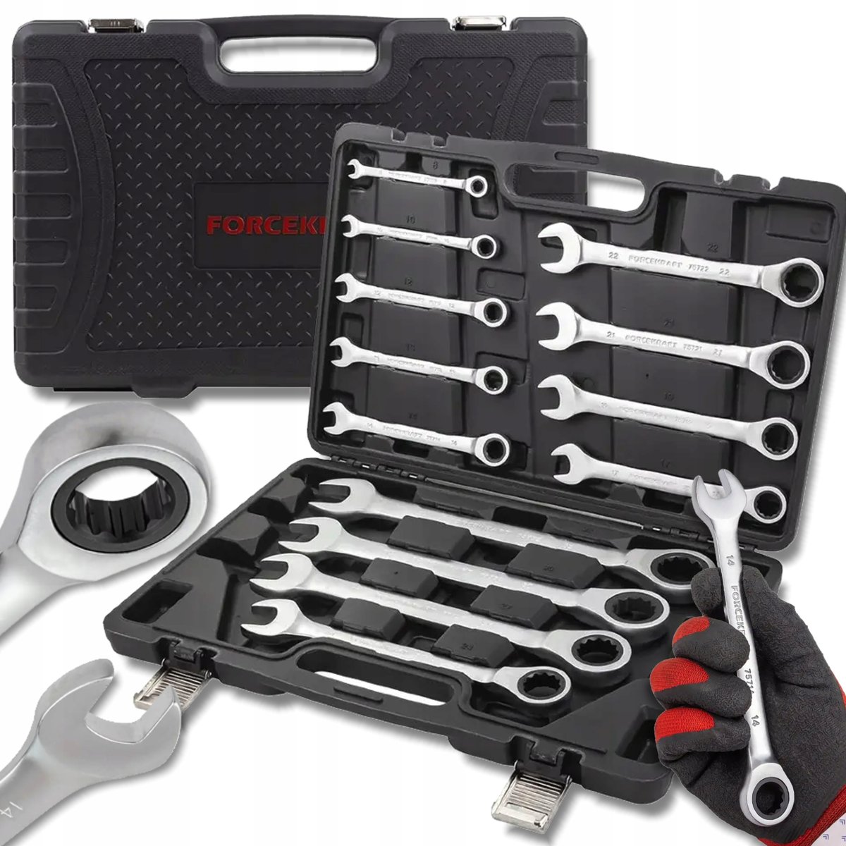 FORCEKRAFT Zestaw KLUCZY płasko-oczkowych z GRZECHOTKĄ 13 ELEMENTÓW 8-32mm