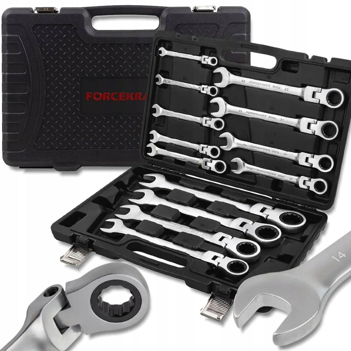 FORCEKRAFT Zestaw KLUCZY płasko-oczkowych z GRZECHOTKĄ 13 ELEMENTÓW 8-32mm
