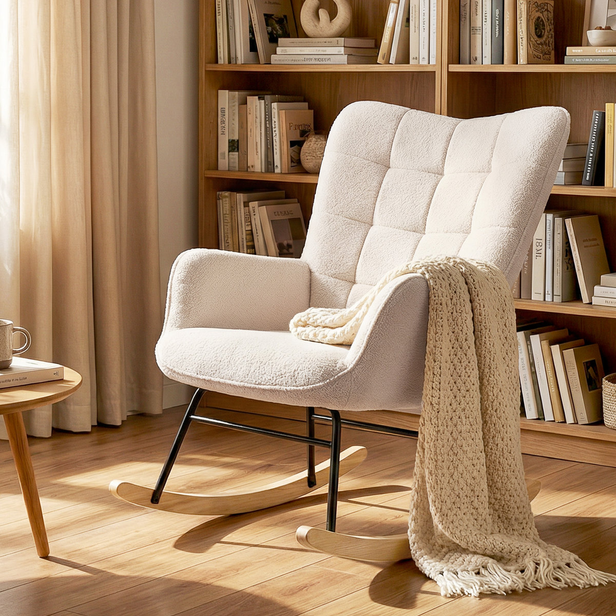 Fotel bujany retro, lite drewno, fotel relaksacyjny, 92 cm x 71 cm x 101 cm, Beżowy