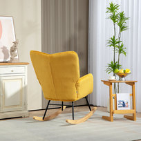 Fotel bujany w stylu vintage, wygięte płozy, gruba tapicerka, drewno bukowe i stal, żółty