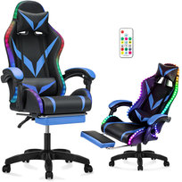 FOTEL GAMINGOWY DLA GRACZA KUBEŁKOWY KRZESŁO BIUROWE PODNÓŻEK + MASAŻ + LED - NIEBIESKIE