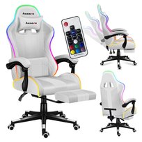 Fotel Gamingowy Huzaro Force 4.7 White Rgb, Oświetlenie RGB, rozkładany podnóżek, poduszka lędźwiowa i pod kark, miękkie podłokietniki, Biały z podświetleniem