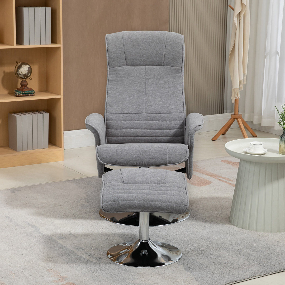 Fotel relaksacyjny z podnóżkiem, obrotowy, regulowane oparcie, do 150 kg, 69 x 71 x 104 cm, Szary