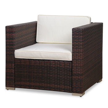 Fotel SVITA do salonu z polirattanu Lugano California w kolorze brązowym z poduszkami w kolorze beżowym - SVITA