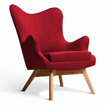 Fotel uszak Bergen w kolorze czerwonym z drewnianymi nóżkami - Postergaleria