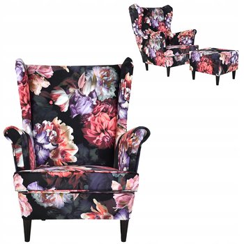 Fotel uszak z podnóżkiem kwiaty na ciemnym tle - Family meble