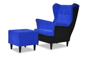 Fotel Uszak z podnóżkiem modry połączony z czernią - Family meble