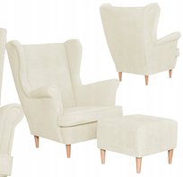 Fotel uszak z podnóżkiem skandynawski welur kremowy jasny Hunter Family Meble beżowy