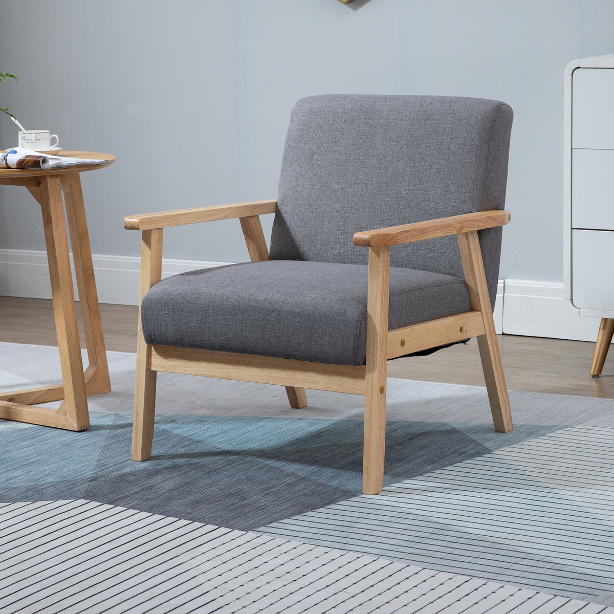 Fotel w Stylu Skandynawskim, Fotel Akcentowy, Drewno Lite, Tkanina w Stylu Lnianym, 64 cm x 70 cm x 72 cm, Szary + Naturalny
