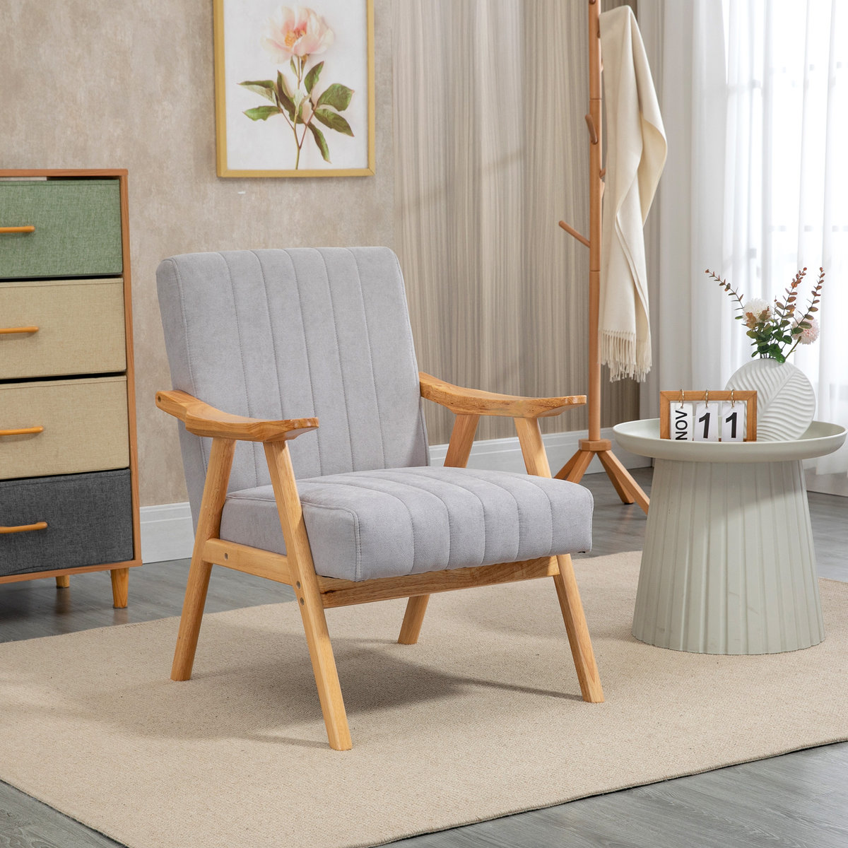 Fotel w Stylu Skandynawskim, Welwetowa / Aksamitna Optika, Drewno Lite, 68 cm x 74 cm x 82 cm, Naturalny + Szary