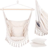 Fotel wiszący, hamak brazylijski z poduszkami, kremowy, 130x100 cm, Springos