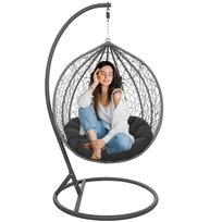 Fotel wiszący na stelażu, kokon rattanowy do ogrodu z poduszkami szary