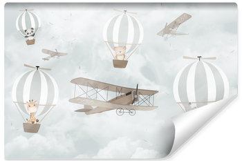 Fototapeta Dla Dzieci ZWIERZĘTA Balony Chmury Samolot Vintage 368cm x 254cm - Muralo