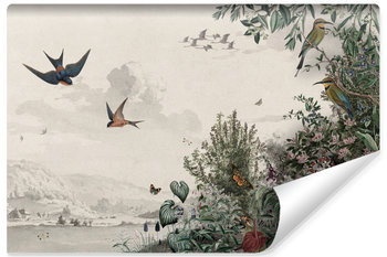 Fototapeta Do Salonu KRAJOBRAZ Tropikalne Kwiaty Ptaki Styl Retro 180cm x 120cm - Muralo