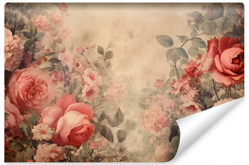 Fototapeta Do Salonu Różowe Kwiaty Róże Liście Styl Retro 270Cm X 180Cm - Muralo