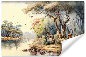 Fototapeta Dziecięca ŻYRAFY Rzeka Natura Krajobraz Afryka Akwarela Zwierzęta 450cm x 300cm - Muralo