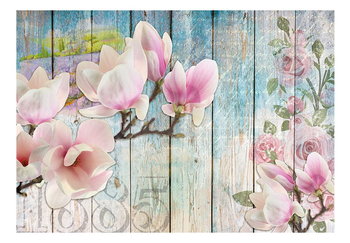 Fototapeta, Różowe kwiaty na drewnie, 100x70 cm - DecoNest