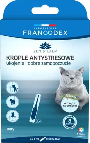 Фото - Косметика для кішок FRANCODEX Krople antystresowe z kocimiętką dla kotów 4 x 1 ml 