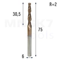 Frez spiralny stozkowo kulowy CNC HRC55 6*R2*30,5*75 1.88° (HUHAO)