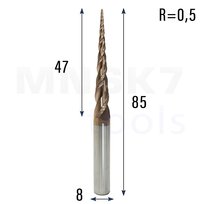 Frez spiralny stozkowo kulowy CNC HRC55 8*R0.5*47*85 3.75° (HUHAO)