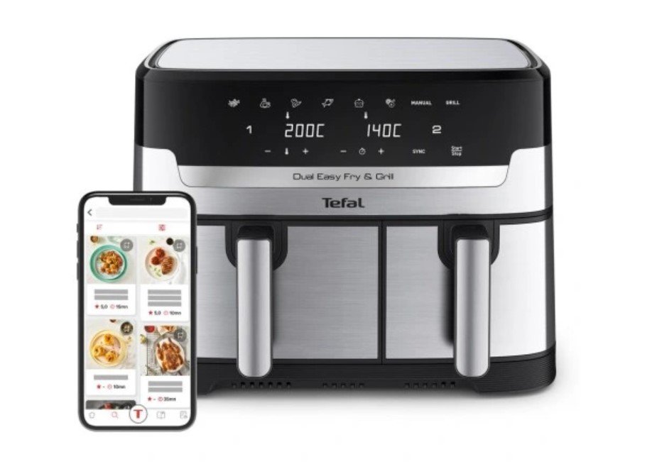 Frytkownica beztłuszczowa TEFAL EY905D10 - Dual Easy Fry & Grill 8,3l 2 kosze grill funkcja pieczenia 8 programów zdrowe smażenie energooszczędna