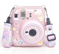Futerał Etui Pokrowiec Case Do Fujifilm Fuji Instax Mini 12 + Naklejki I Kieszeń Na Zdjęcia / Jogurtowy Królik / Różowy Brokat