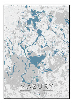 Galeria Plakatu, Mazury mapa czarno biało niebieska, 21x29,7 cm - Galeria Plakatu