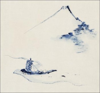 Galeria Plakatu, Plakat, A Person in a Small Boat on a River with Mount Fuji in the Background, Hokusai, 30x30 cm - Galeria Plakatu