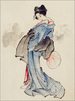 Galeria Plakatu, Plakat, Woman, Full-Length Portrait, Standing, Facing Left, Holding Fan in Right Hand, Wearing Kimono, Hokusai, 30x40 cm - Galeria Plakatu