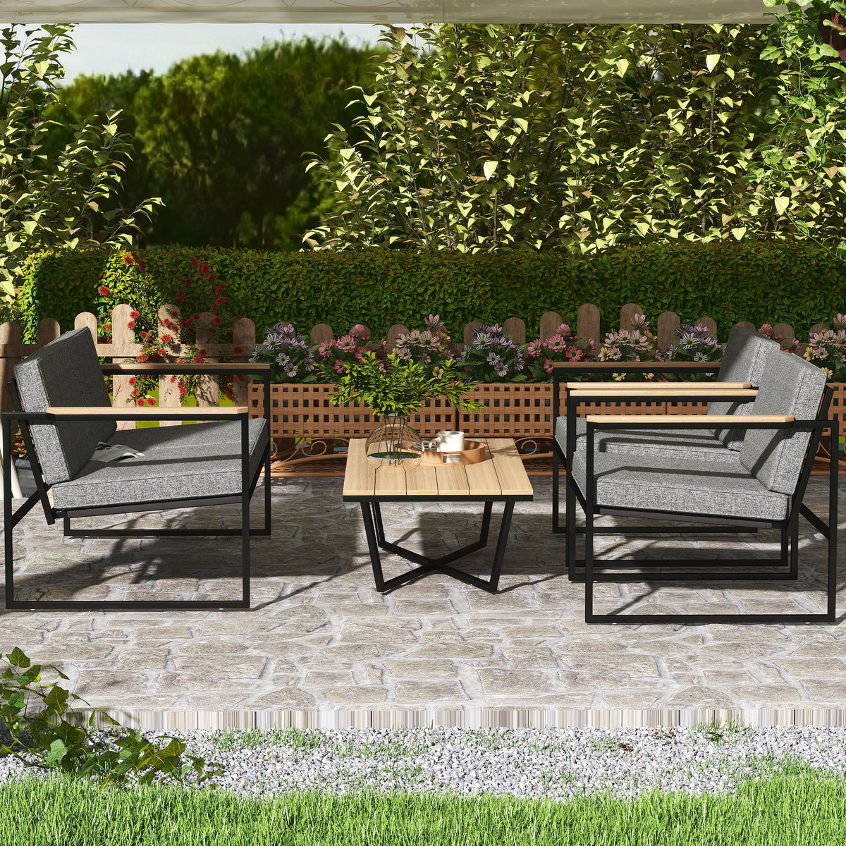Gartenmöbel Set 4 Personen wetterfest Balkonmöbel-Set mit 2er Sofa, 2 Stühle Sitzkissen Beistelltisch Grau