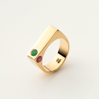 Geometryczny pierścionek prostokątny sygnet z kolorowymi kamieniami : ROZMIAR PIERŚCIONKA - 13 |UK:N | Φ16,67 MM, Srebro - kolor pokrycia - Pokrycie żółtym 18K złotem - GIORRE