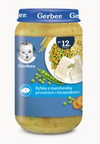 Gerber, Obiadek rybka z marchewką groszkiem i kluseczkami dla dzieci po 12 miesiącu, 250 g