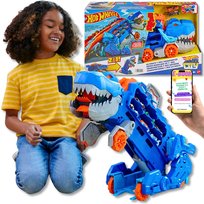 GIGANTYCZNA zabawa HOT WHEELS T-Rex Transporter + Tor Wyścigowy 2w1 – Zestaw z Efektami Świetlnymi i Dźwiękowymi + 2 Auta + EBOOK